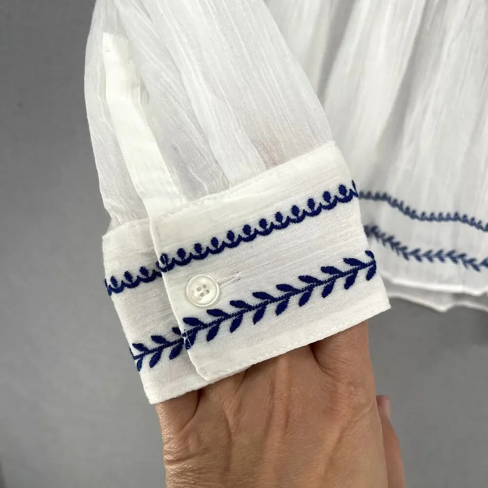 Derek Lam 10 Crosby Blouse Sz 4 White Blue Ailani Embroidered Sheer Coastal Chic - Picture 5 of 9